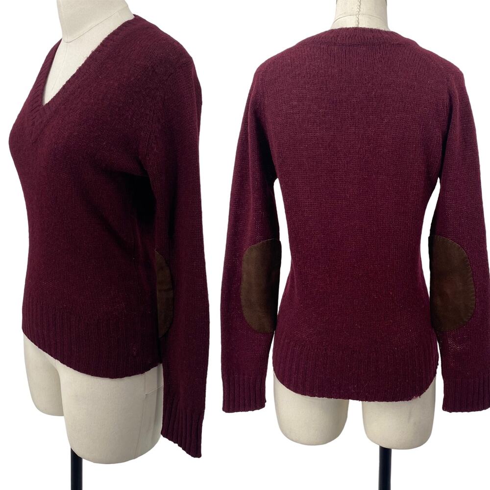 Vintage 60s Hudsons Detroit Sweater Shetland Wool V Neck Elbow Patches Burgundy
